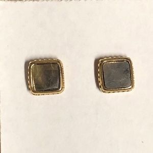 Gorgeous olive or sage green mica or slate stone earrings in gold square w/backs